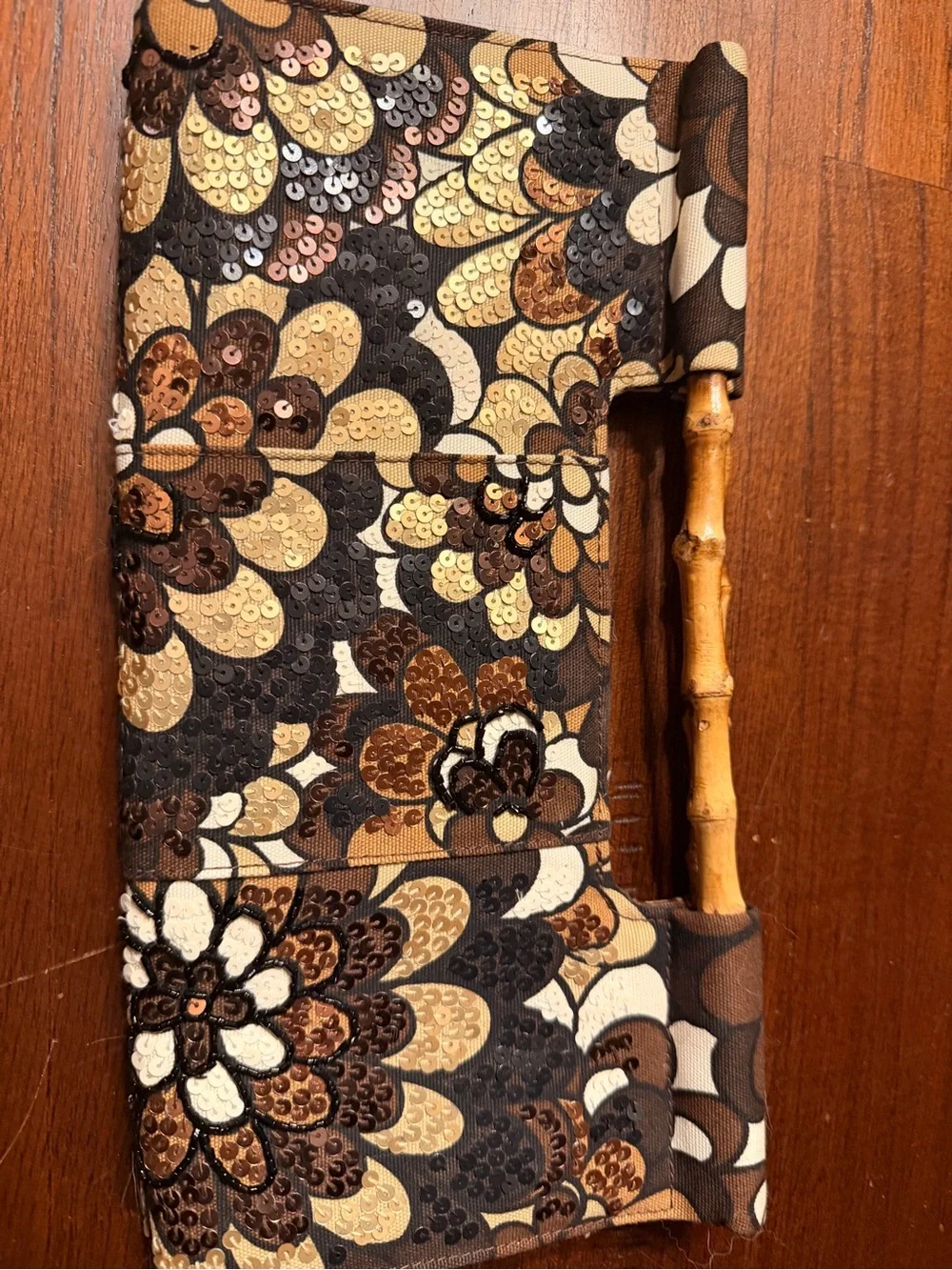 The Limited Brown, Cream & Tan Sequin Floral Clutch with Bamboo Handle